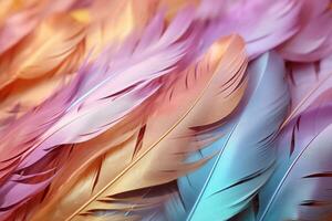 coloré plumes, plume modèle dans doux couleurs. brillant Contexte. généré par artificiel intelligence photo