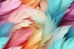 coloré plumes, plume modèle dans doux couleurs. brillant Contexte. généré par artificiel intelligence photo