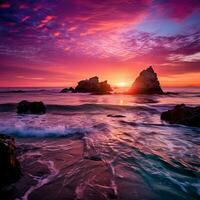 une violet le coucher du soleil plus de le pacifique océan , généré par ai photo