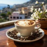 tasse de café avec grec panorama pour petit déjeuner , généré par ai photo