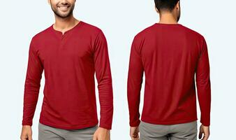 de face et retour vue de une Masculin modèle portant une rouge T-shirt, Masculin modèle portant une Royal rouge Couleur henley T-shirt sur une blanc arrière-plan, de face vue et retour voir, Haut section tondu, ai généré photo