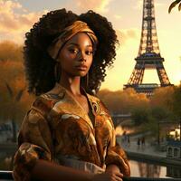 magnifique noir africain fille dans Paris en dessous de le Eiffel la tour , généré par ai photo