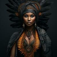 un africain femme portrait avec coiffure et plumes sur noir Contexte , généré par ai photo