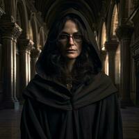 52 année vieux noir aux cheveux italien femmes avec des lunettes dans une foncé encapuchonné peignoir dans un ancien cathédrale à la recherche dans le caméra menaçant avec Puissance , généré par ai photo