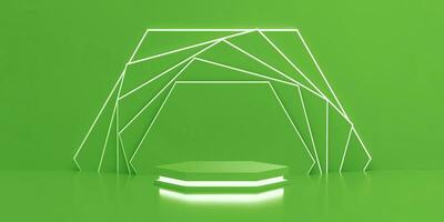 hexagone podium avec néon lumière avec hexagonal tourné sur vert écologiquement durable Contexte .vide podium plateforme. photo