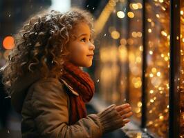 ai généré une joyeux fille examine avec l'intérêt une magasin fenêtre décoré avec éclairage sur Noël veille. photo