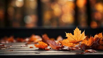 ai généré l'automne Jaune feuilles sur une en bois table contre le Contexte de une flou image de un l'automne paysage sur une ensoleillé journée photo