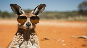 kangourou portant des lunettes de soleil sur un australien outback rouge le sable Contexte. ai généré photo