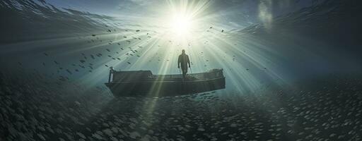 une homme est sur une scaphandre autonome bateau avec une Soleil brillant par lunettes. ai généré photo