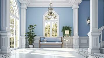 moderne intérieur conception magnifique foyer avec nettoyer bleu et blanc Couleur palette et Naturel lumière. ai généré photo