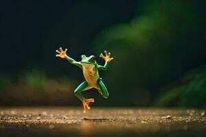 une grenouille sauter dans le air avec ses bras tendu. généré par ai photo