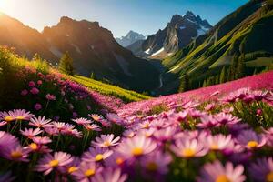 le Soleil brille sur le fleurs dans le montagnes. généré par ai photo