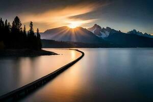 le Soleil monte plus de une Lac et montagnes. généré par ai photo