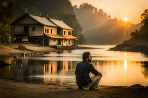 une homme séance sur le rive de une rivière à le coucher du soleil. généré par ai photo