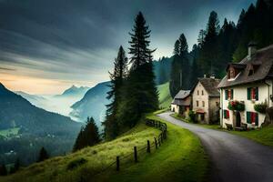 une route de premier plan à une maison dans le montagnes. généré par ai photo