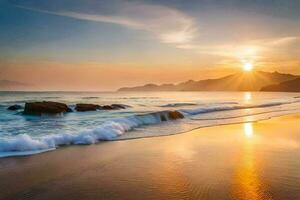 le Soleil monte plus de le océan et vagues sur une plage. généré par ai photo
