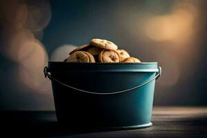 une seau rempli avec biscuits sur une tableau. généré par ai photo