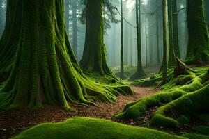 une vert forêt avec moussu des arbres et des arbres. généré par ai photo