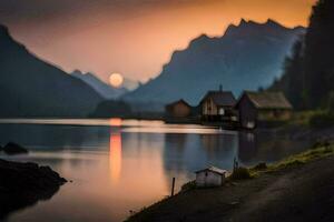 une petit maison est assis sur le rive de une lac. généré par ai photo