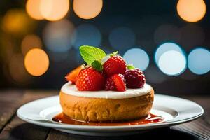 une petit gâteau avec des fraises et crème sur une plaque. généré par ai photo