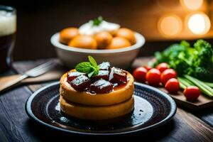 une assiette avec une gâteau et certains des légumes. généré par ai photo