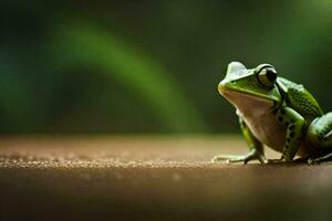 une grenouille séance sur une en bois surface avec une vert Contexte. généré par ai photo