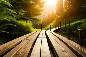 en bois passerelle dans le forêt à le coucher du soleil. généré par ai photo