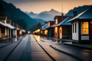 une train des pistes dans le milieu de une ville à crépuscule. généré par ai photo