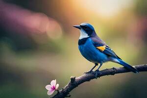 une bleu oiseau est assis sur une branche avec une fleur. généré par ai photo