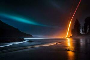 une longue exposition photographier de une brillant lumière brillant sur le l'eau. généré par ai photo