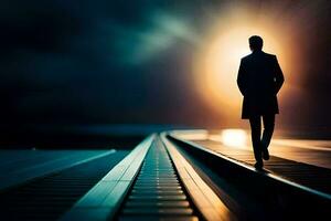 une homme en marchant sur une train Piste à le coucher du soleil. généré par ai photo