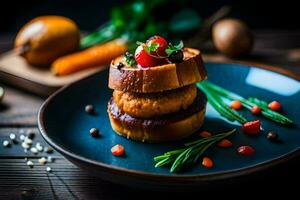 une assiette avec une sandwich sur il et des légumes. généré par ai photo