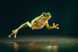 une grenouille sauter dans le air sur une foncé Contexte. généré par ai photo