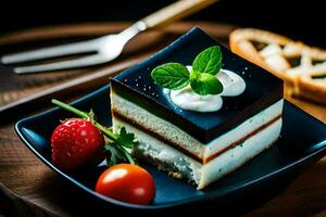 une pièce de gâteau avec crème, des fraises et menthe sur une noir plaque. généré par ai photo