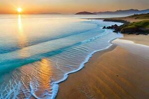 une magnifique plage avec vagues et Soleil réglage plus de le océan. généré par ai photo