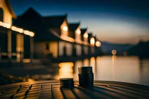 pièces de monnaie sur une table dans de face de une lac. généré par ai photo