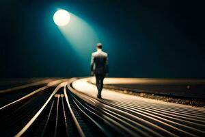 une homme dans une costume des promenades sur une train Piste à nuit. généré par ai photo