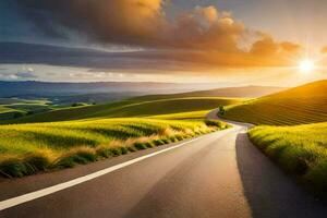 route à le le coucher du soleil dans le campagne. généré par ai photo