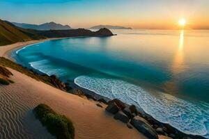 le Soleil monte plus de le océan et le le sable dunes. généré par ai photo