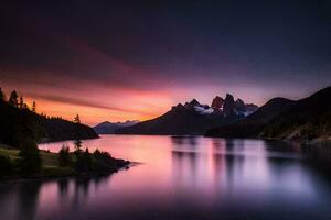 une magnifique le coucher du soleil plus de une Lac et montagnes. généré par ai photo