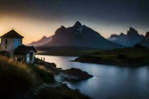 photo fond d'écran le ciel, montagnes, le soleil, le lune, le montagnes, le lac,. généré par ai