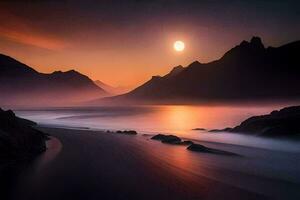 le lune monte plus de une Montagne intervalle à le coucher du soleil. généré par ai photo