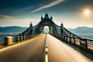 le Soleil est brillant sur une pont avec une voiture conduite sur il. généré par ai photo