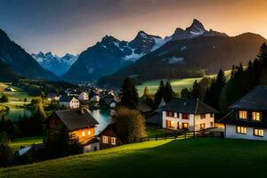 une petit village dans le montagnes à le coucher du soleil. généré par ai photo