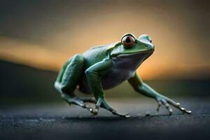 une grenouille est en marchant sur le route à le coucher du soleil. généré par ai photo