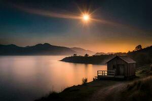 une petit cabine est assis sur le rive de une Lac à le coucher du soleil. généré par ai photo