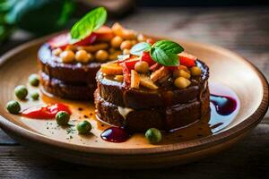 deux tranches de pain surmonté avec pois chiches et des légumes. généré par ai photo