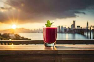 une verre de jus avec une vue de le ville. généré par ai photo