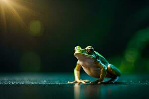 une grenouille séance sur une foncé surface avec une brillant lumière derrière il. généré par ai photo