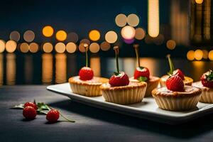 petit desserts sur une assiette avec Cerise sur Haut. généré par ai photo